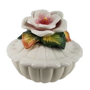 Vintage Fitz and Floyd Classic Trinket Dish Bowl Covered Lid White Flower Rose